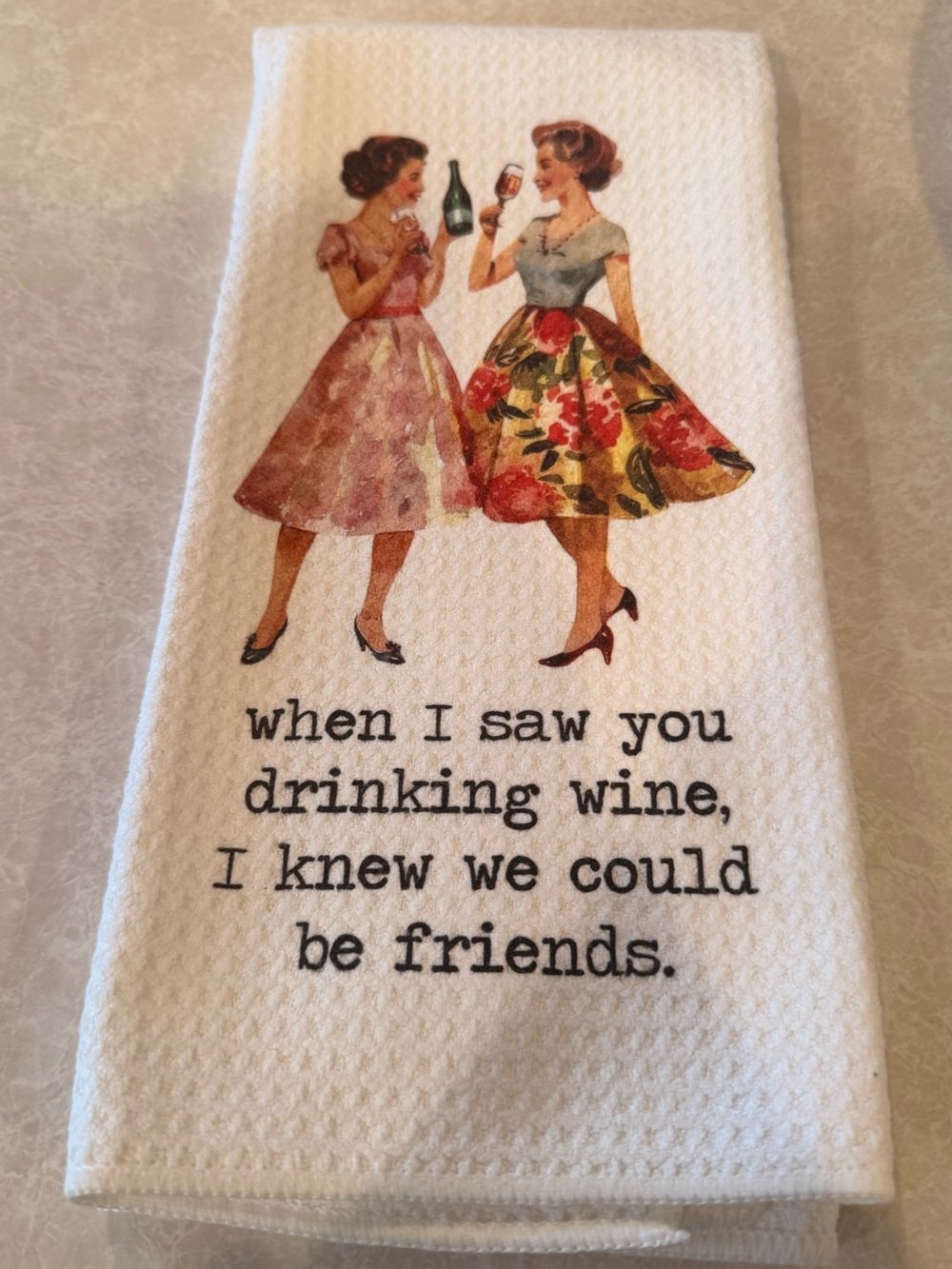 Vintage Style waffle weave Friends Kitchen Towel - White